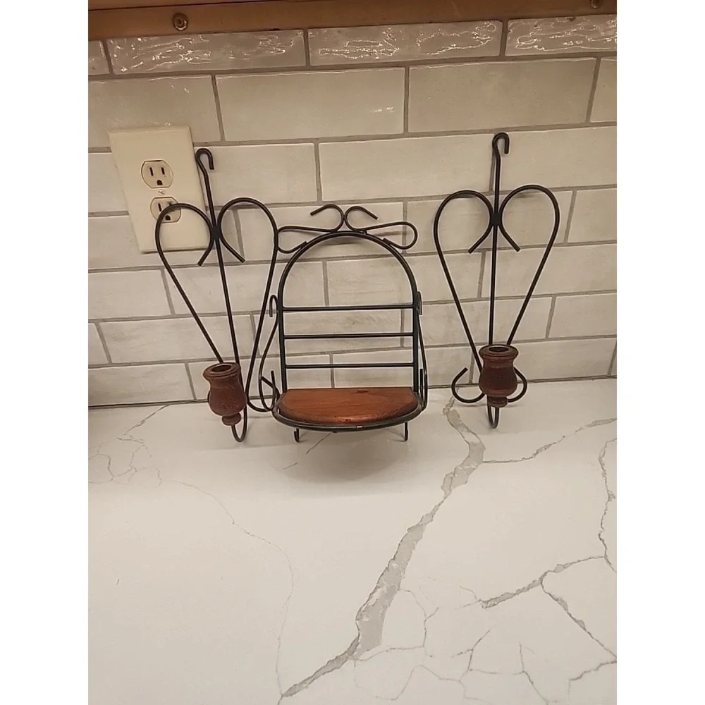 Vintage Home Interiors Shelf Green Wire & Wood & 2 Matching Candle Wall Sconces